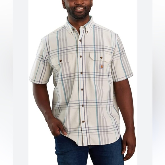 Carhartt Other - Carhartt Cream and Blue Casual Short Sleeve- Button Down-‎ Loose Fit- Size Large